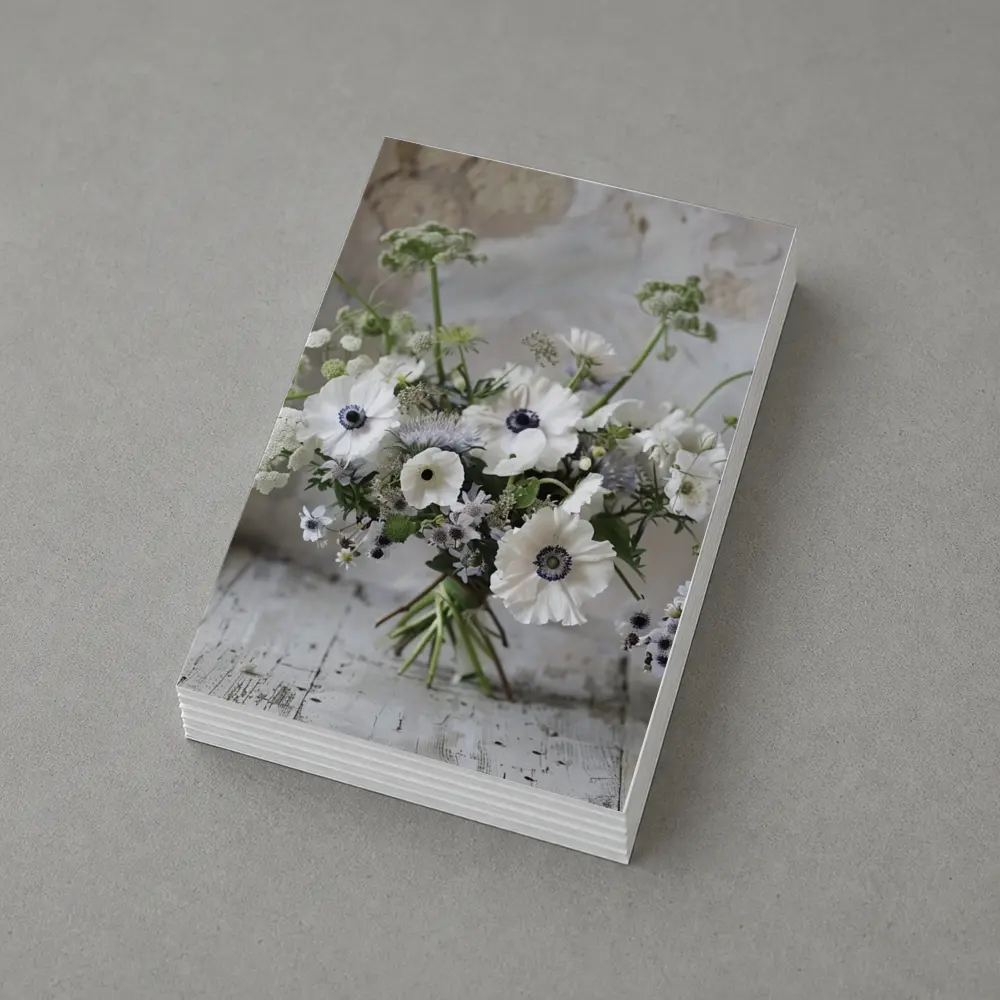 White Anemone Bouquet on Rustic Wood – Postcards