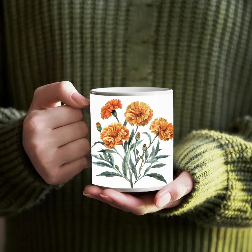 Marigold Flowers Watercolor Botanical Art – Mugs