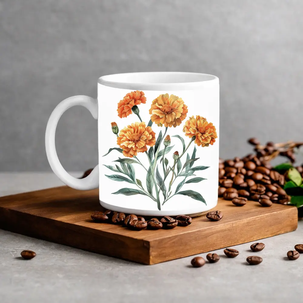 Marigold Flowers Watercolor Botanical Art – Mugs