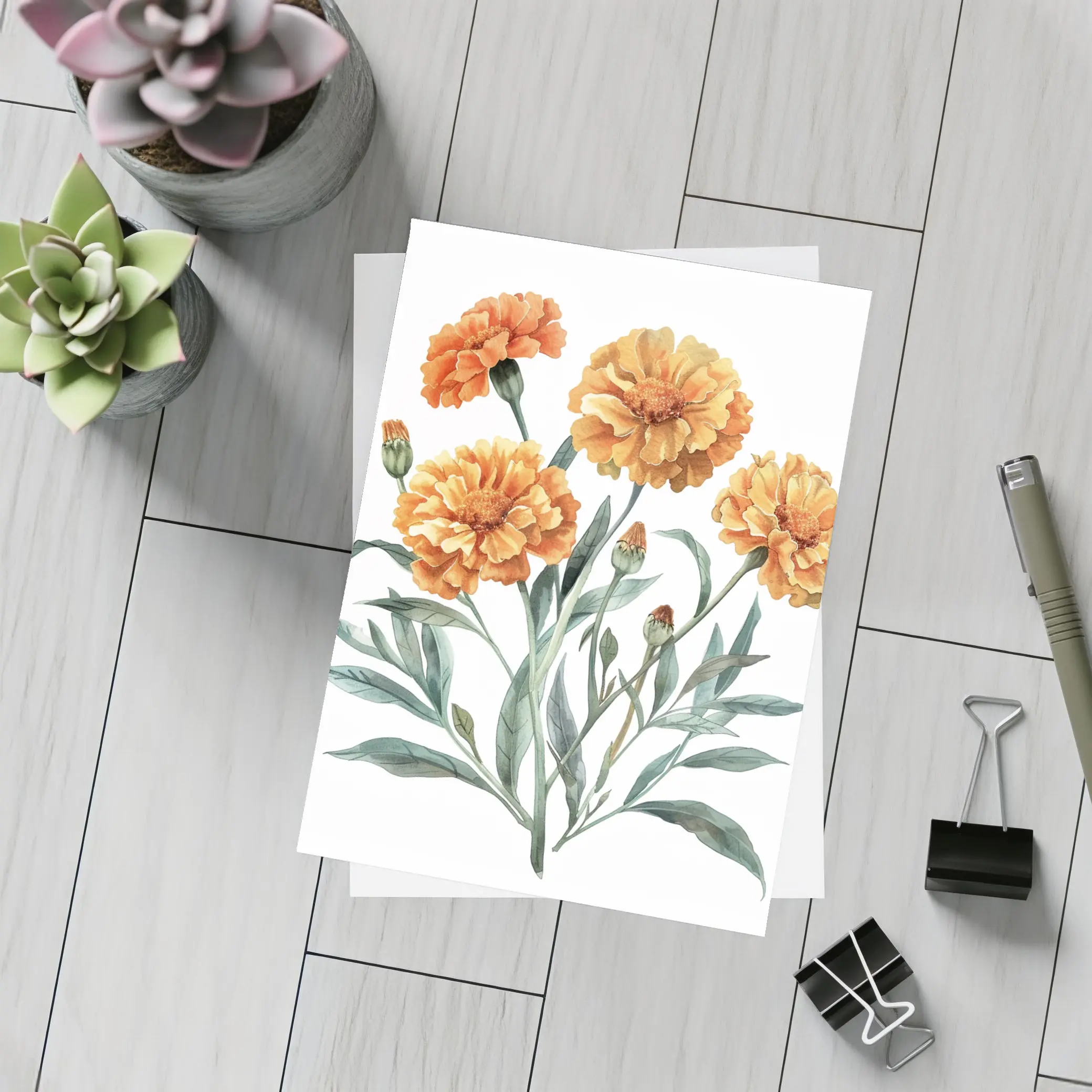 Marigold Flowers Watercolor Botanical Art – Postcards