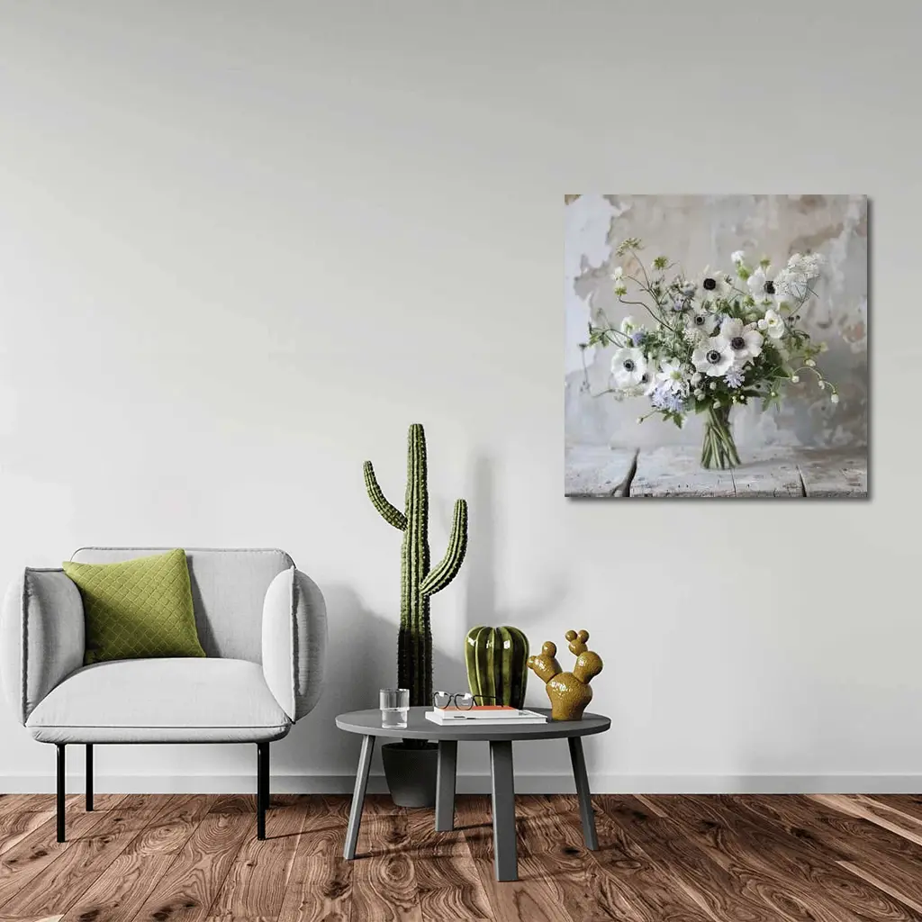 White Anemone Bouquet Rustic Wall Background – Wall Art