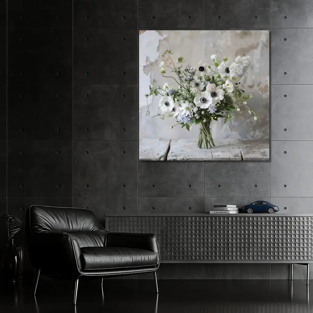 White Anemone Bouquet Rustic Wall Background – Wall Art
