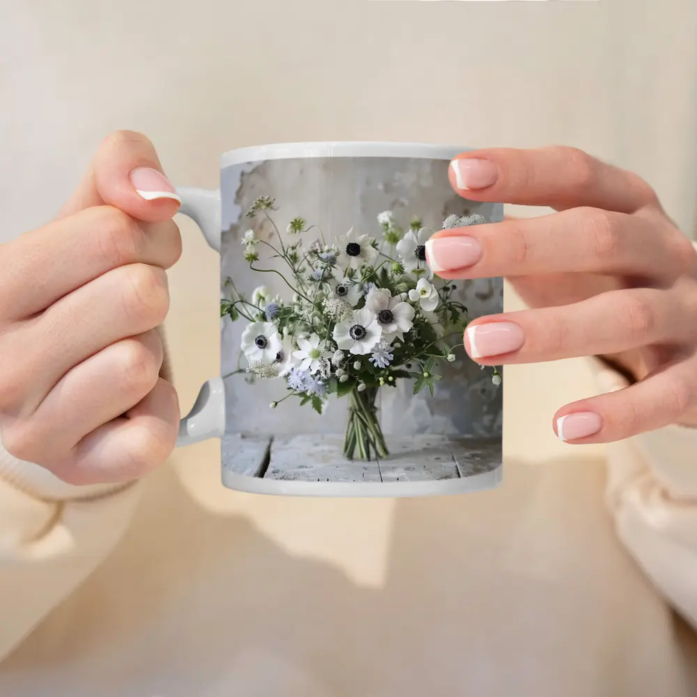 White Anemone Bouquet Rustic Wall Background – Mugs