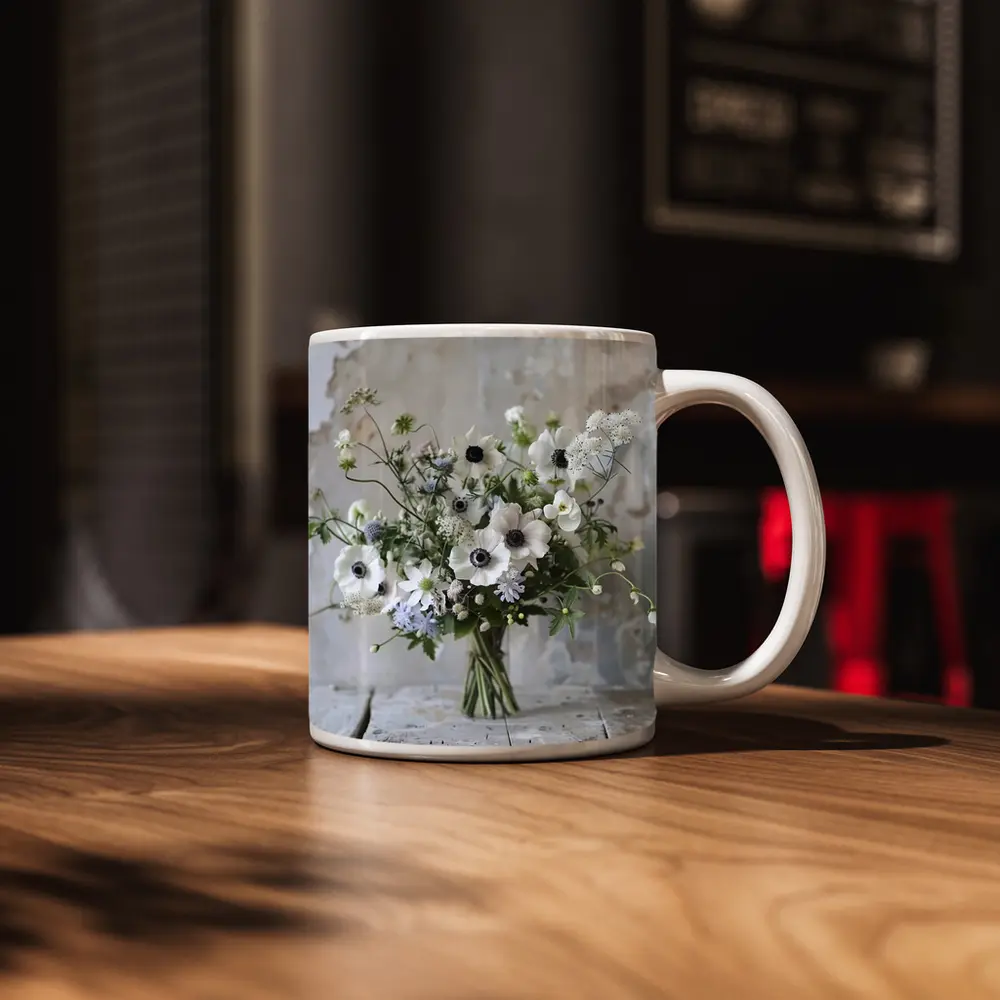 White Anemone Bouquet Rustic Wall Background – Mugs