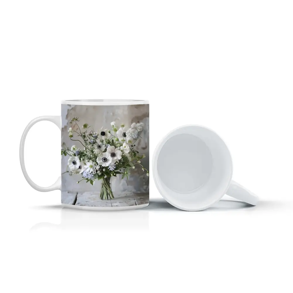 White Anemone Bouquet Rustic Wall Background – Mugs