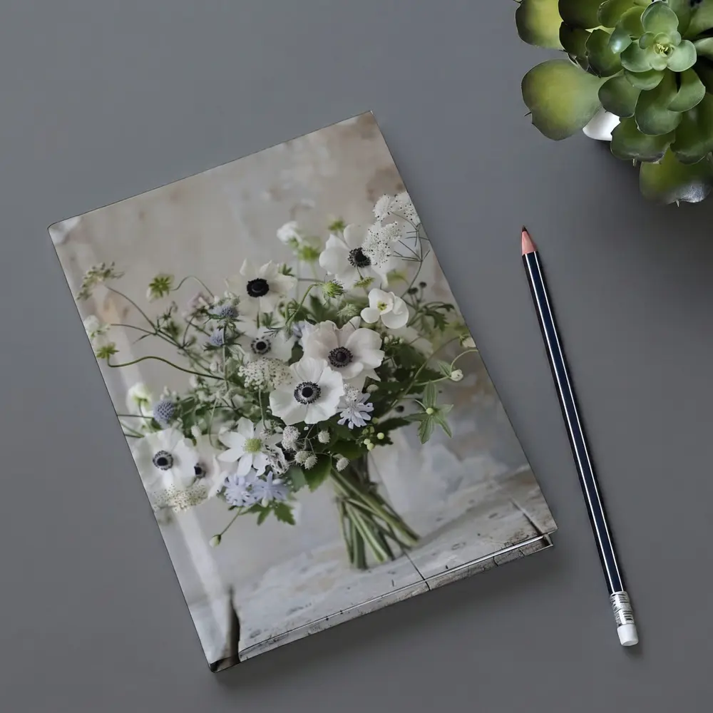 White Anemone Bouquet Rustic Wall Background – Notebooks