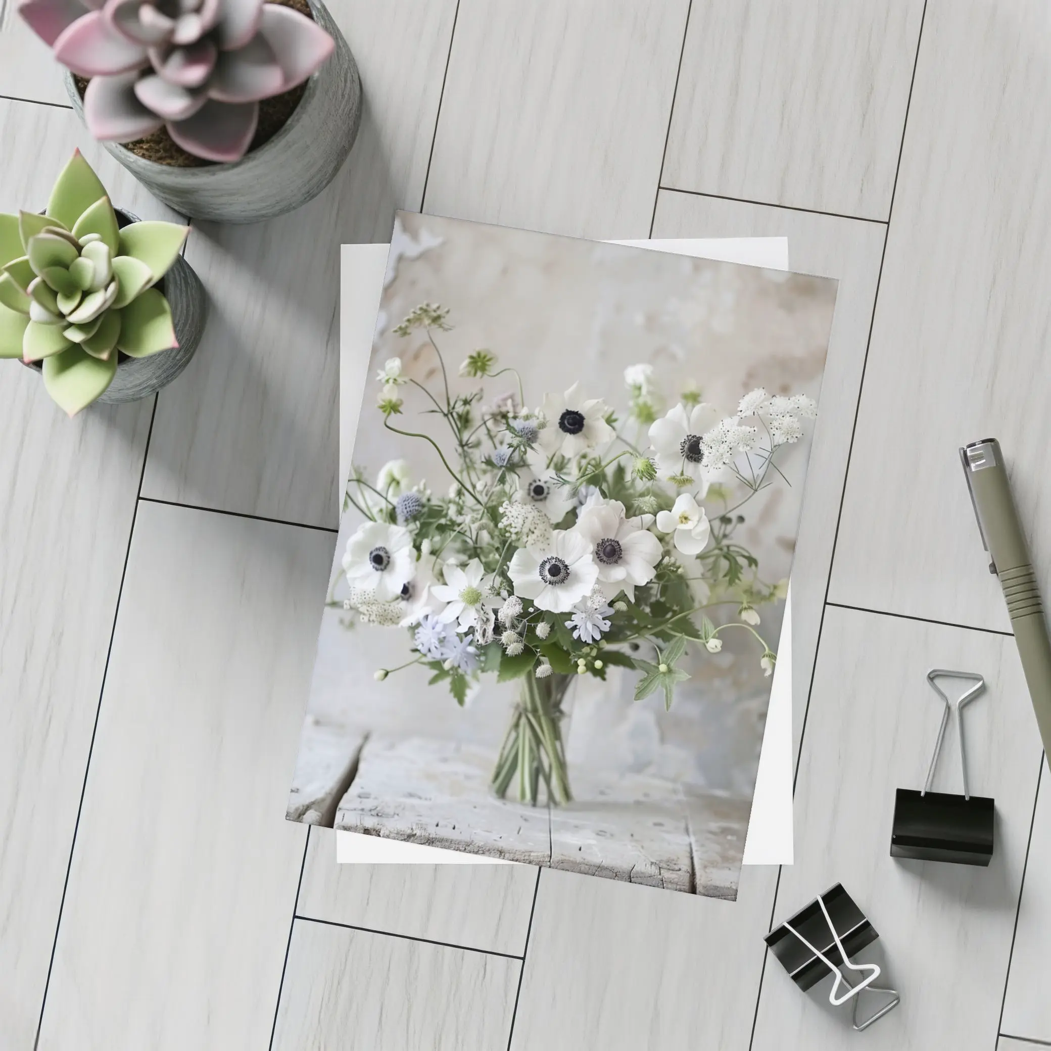 White Anemone Bouquet Rustic Wall Background – Postcards