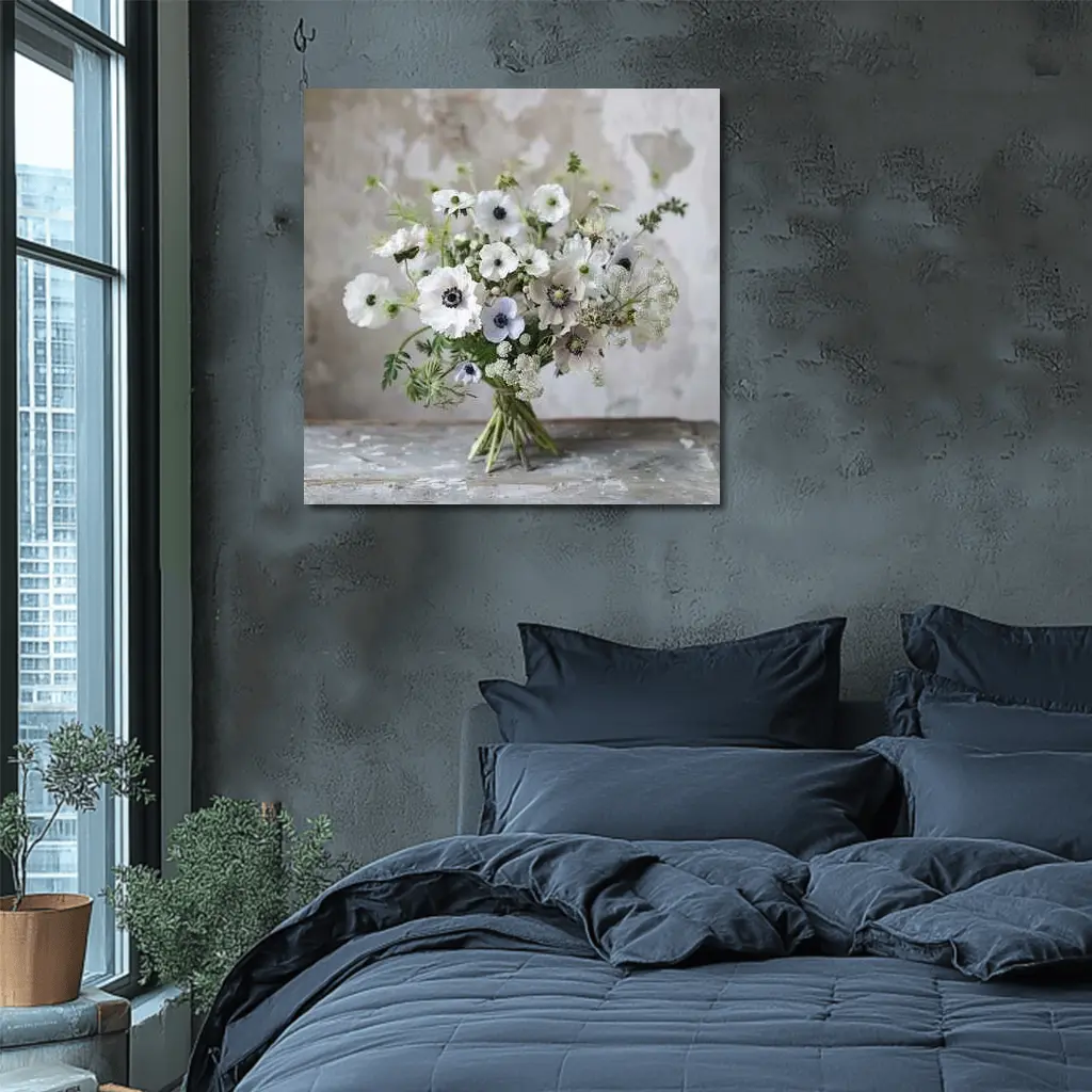 White Anemone Bouquet Rustic Stone Background – Wall Art