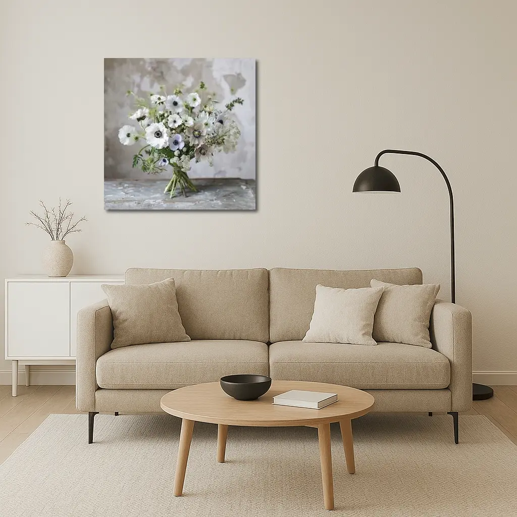 White Anemone Bouquet Rustic Stone Background – Wall Art