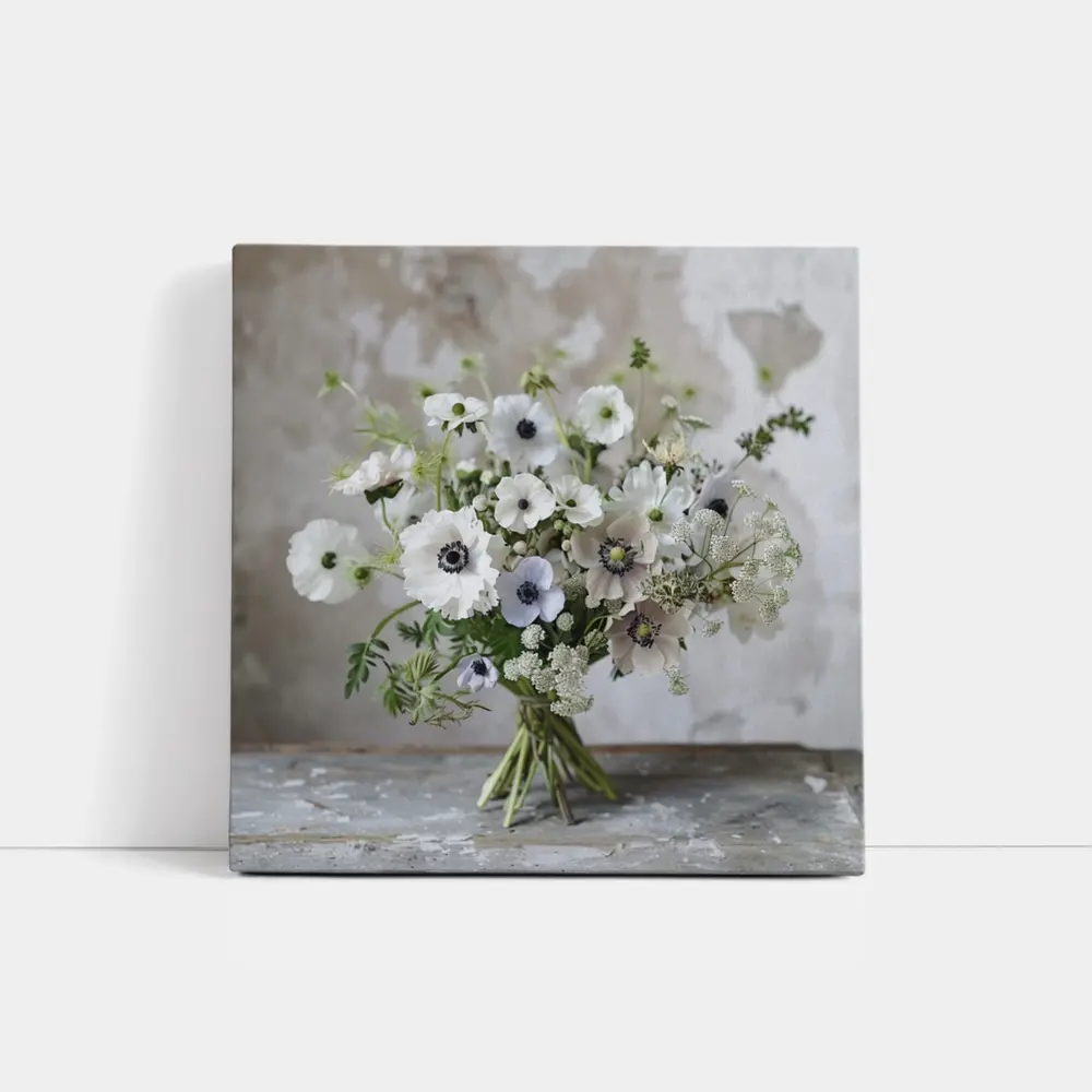 White Anemone Bouquet Rustic Stone Background – Wall Art