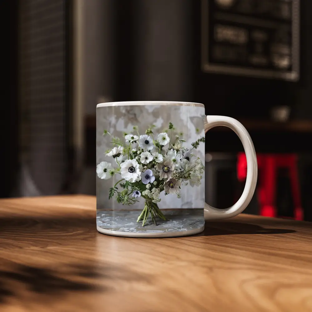 White Anemone Bouquet Rustic Stone Background – Mugs