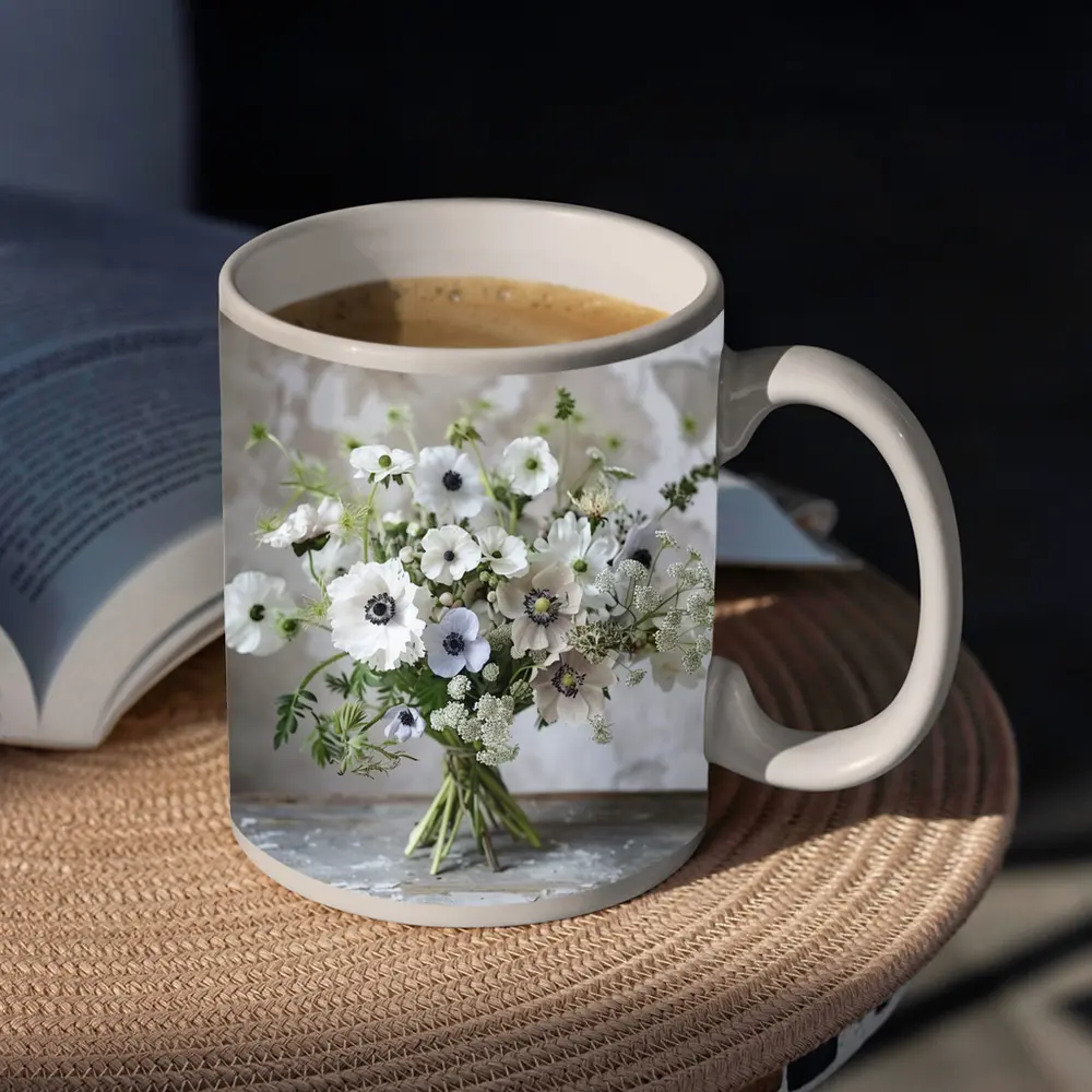 White Anemone Bouquet Rustic Stone Background – Mugs