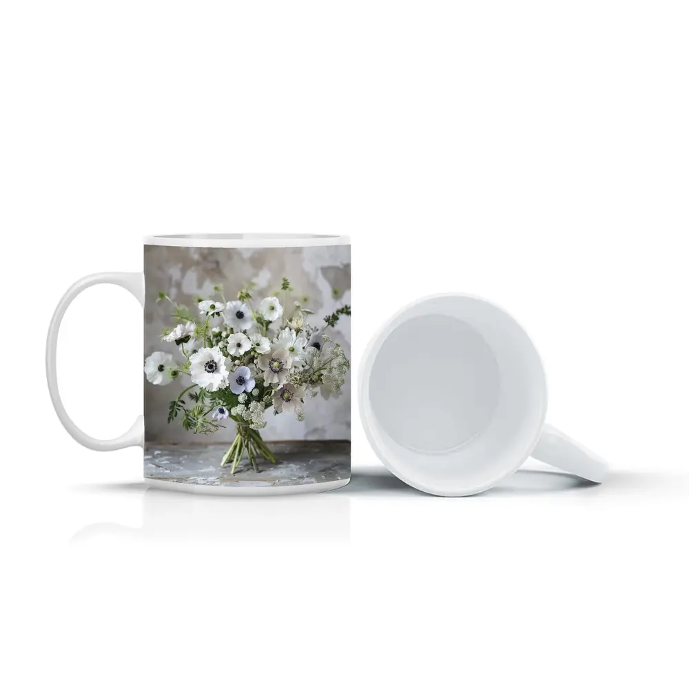 White Anemone Bouquet Rustic Stone Background – Mugs