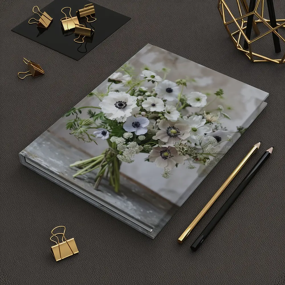 White Anemone Bouquet Rustic Stone Background – Notebooks