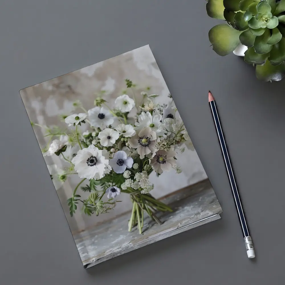White Anemone Bouquet Rustic Stone Background – Notebooks