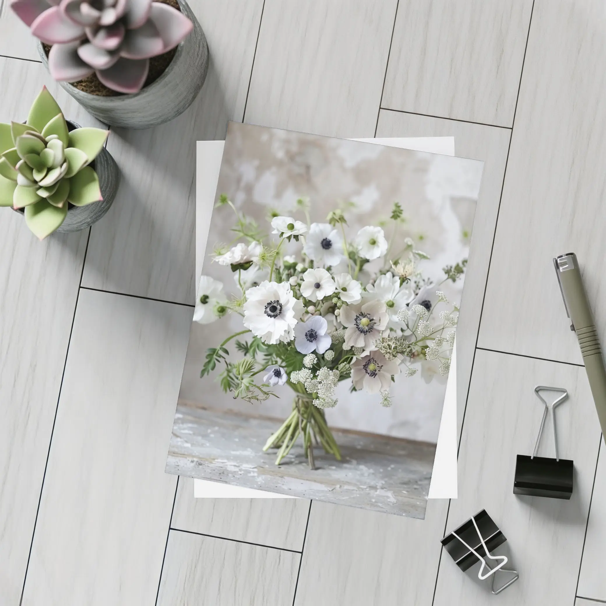 White Anemone Bouquet Rustic Stone Background – Postcards