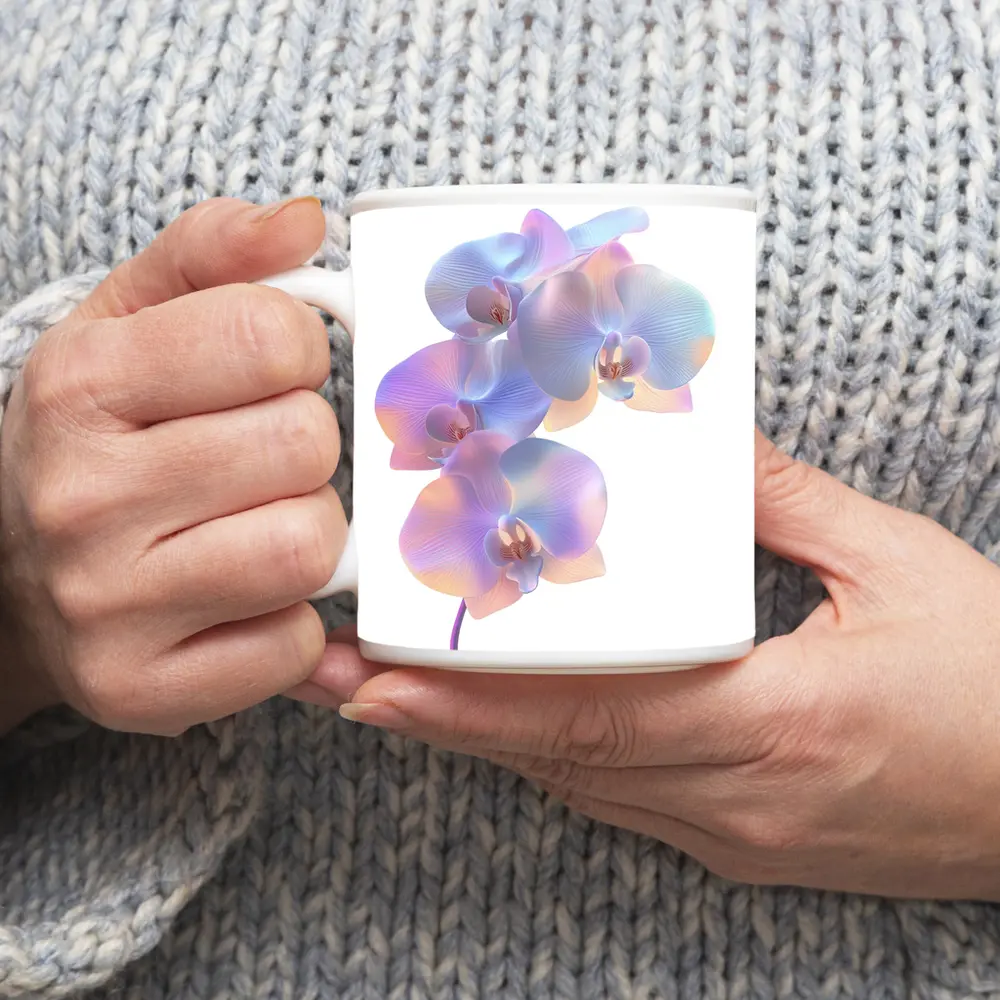 Pastel Iridescent Orchid Branch White Background – Mugs