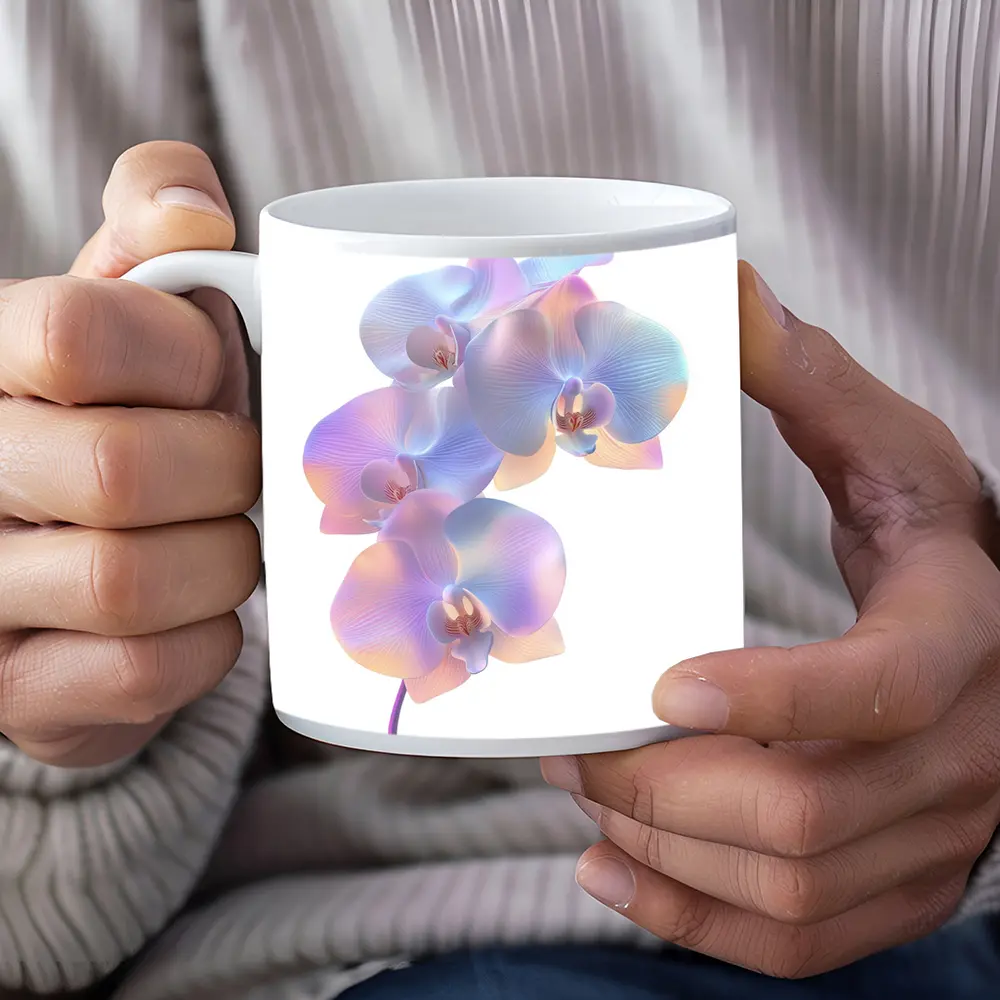 Pastel Iridescent Orchid Branch White Background – Mugs