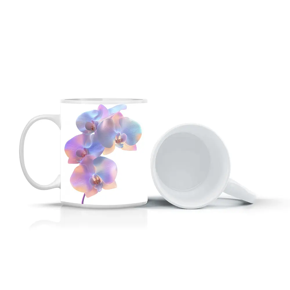 Pastel Iridescent Orchid Branch White Background – Mugs