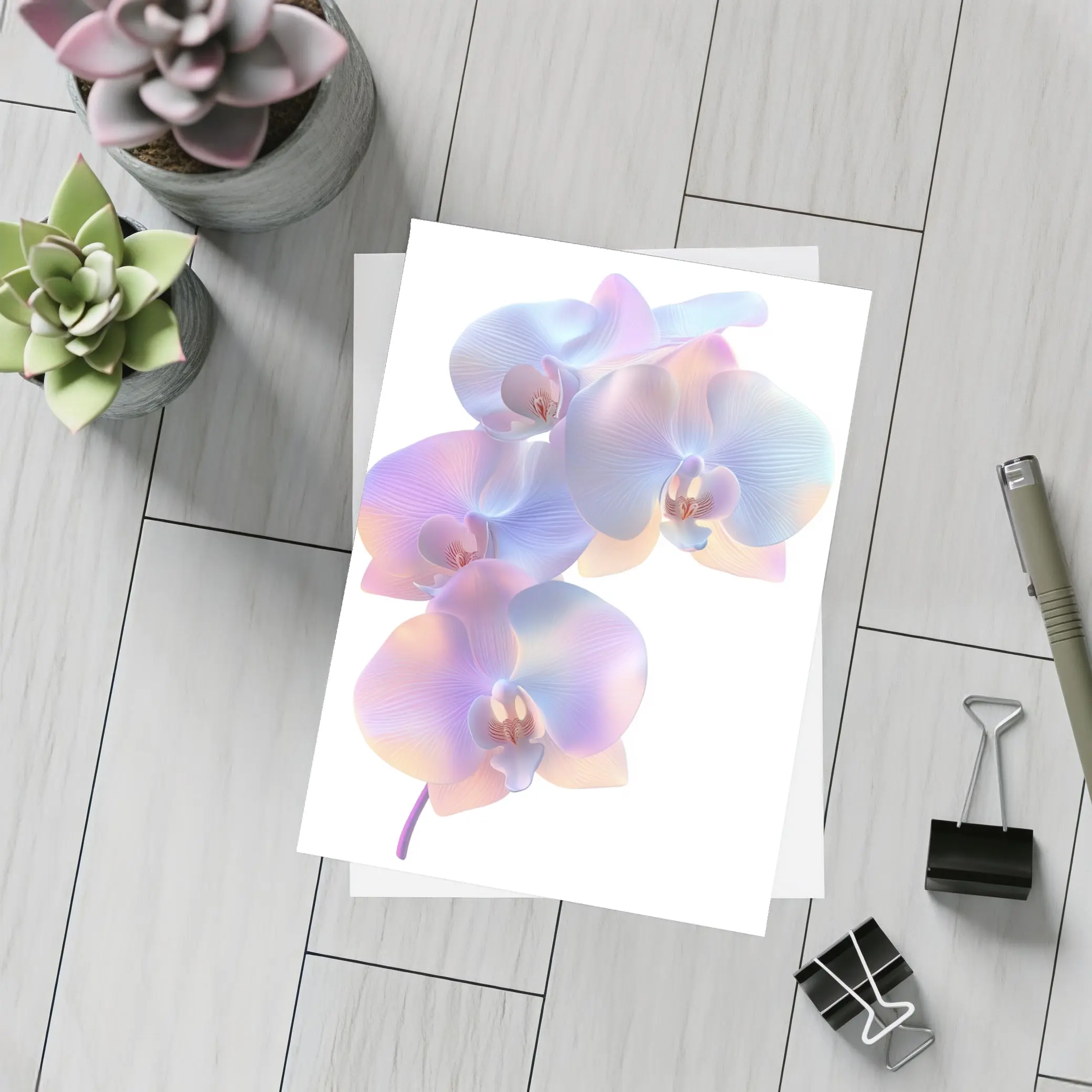 Pastel Iridescent Orchid Branch White Background – Postcards