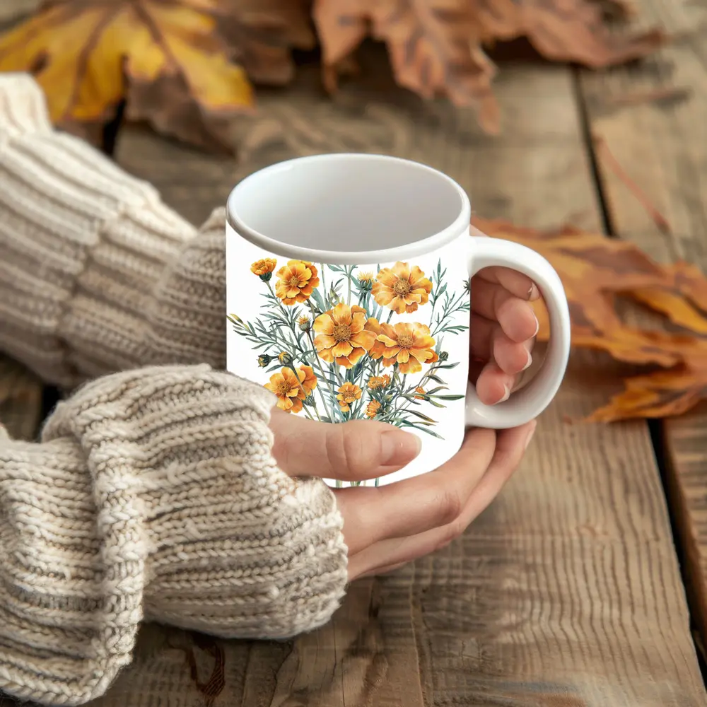 Watercolor Marigold Bouquet On White Background – Mugs