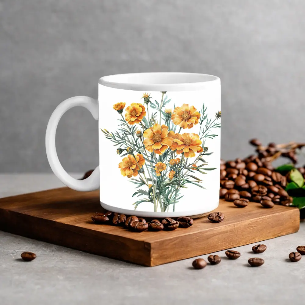 Watercolor Marigold Bouquet On White Background – Mugs