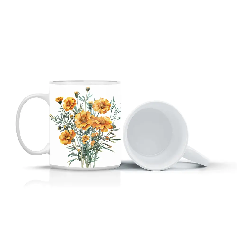 Watercolor Marigold Bouquet On White Background – Mugs