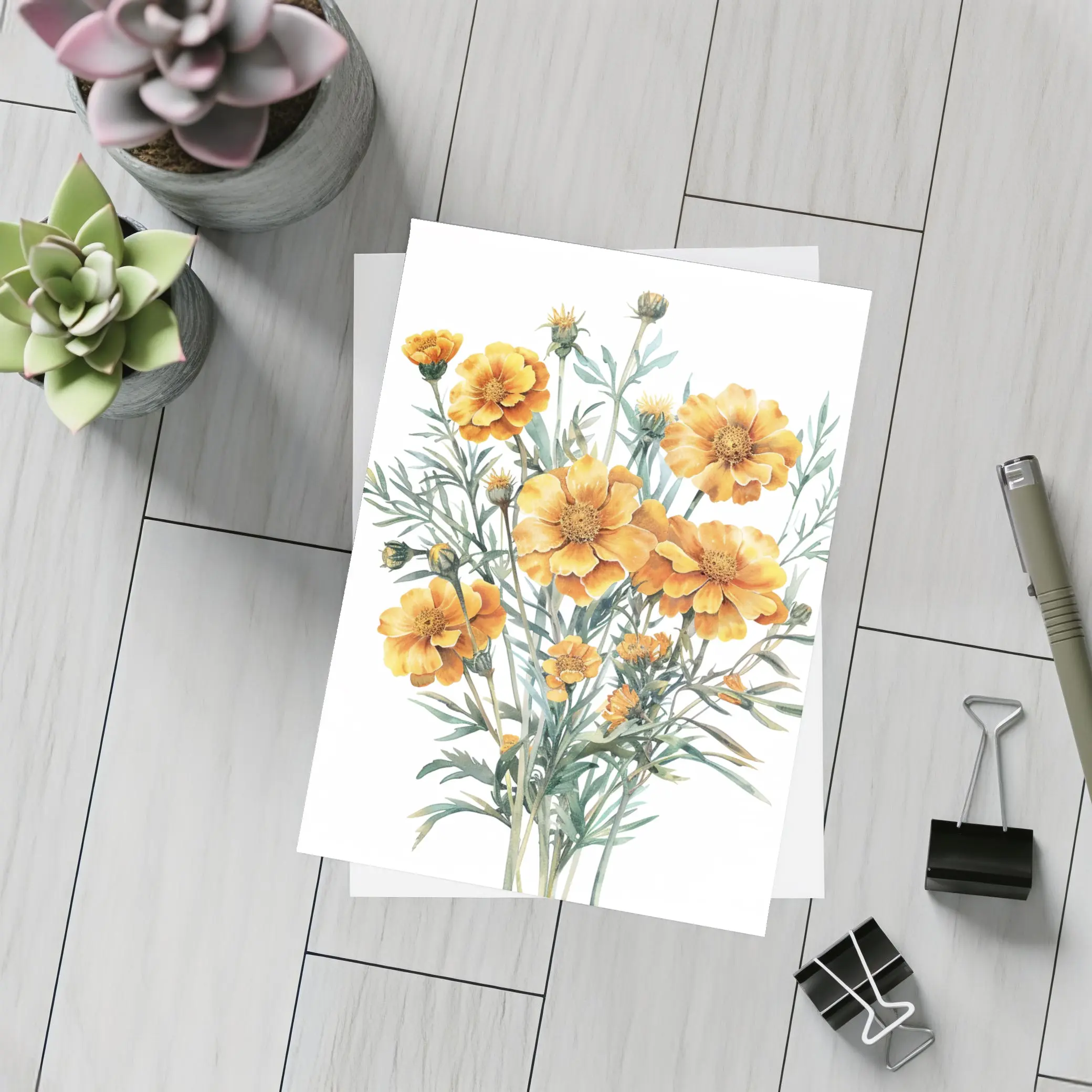 Watercolor Marigold Bouquet On White Background – Postcards