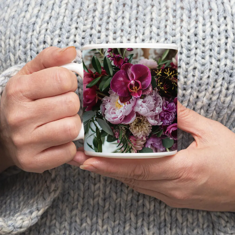 Pink Peonies and Purple Orchid Bouquet – Mugs