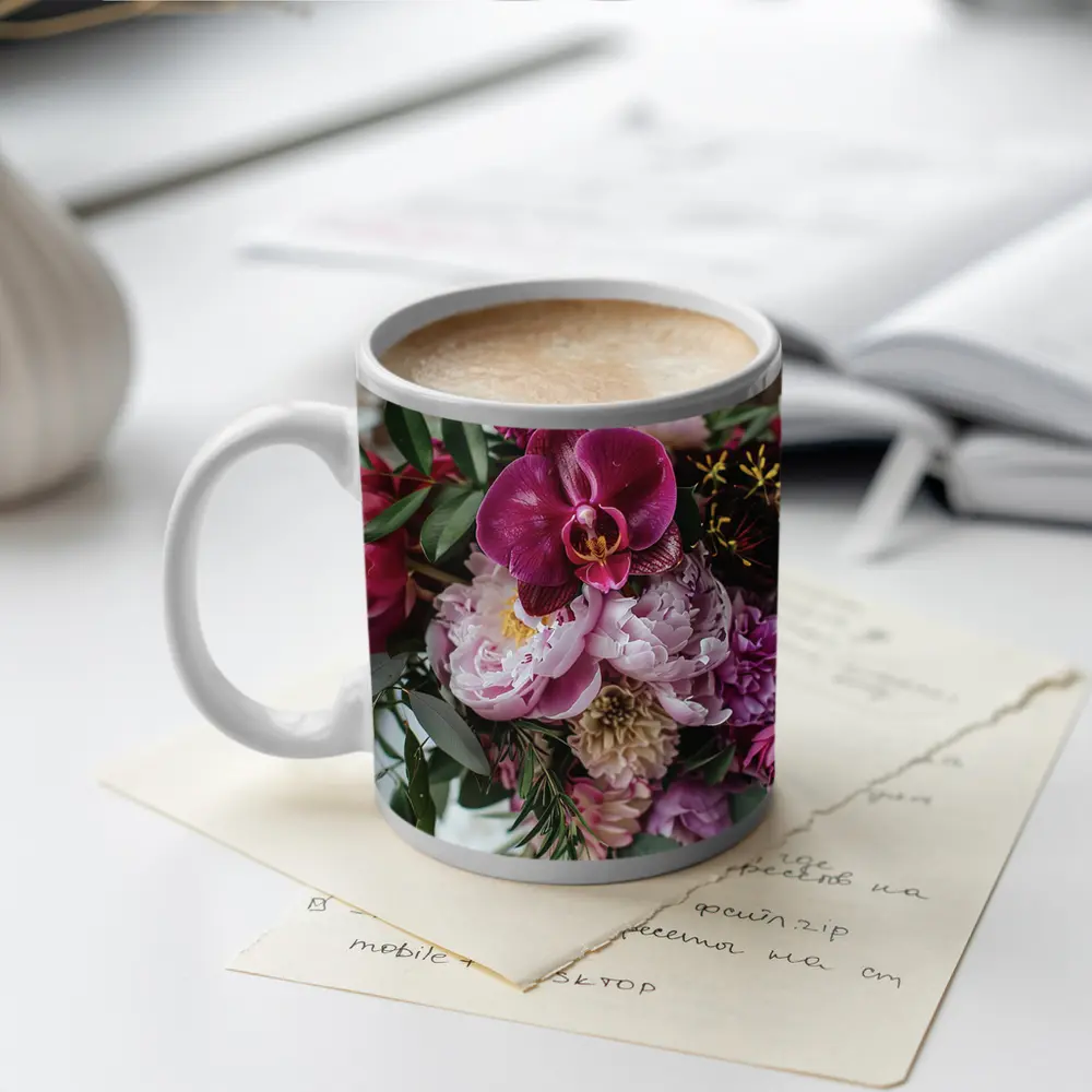 Pink Peonies and Purple Orchid Bouquet – Mugs