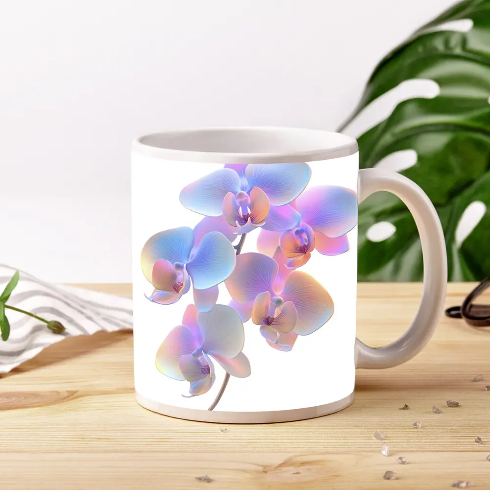 Iridescent Orchid Branch On White Background – Mugs