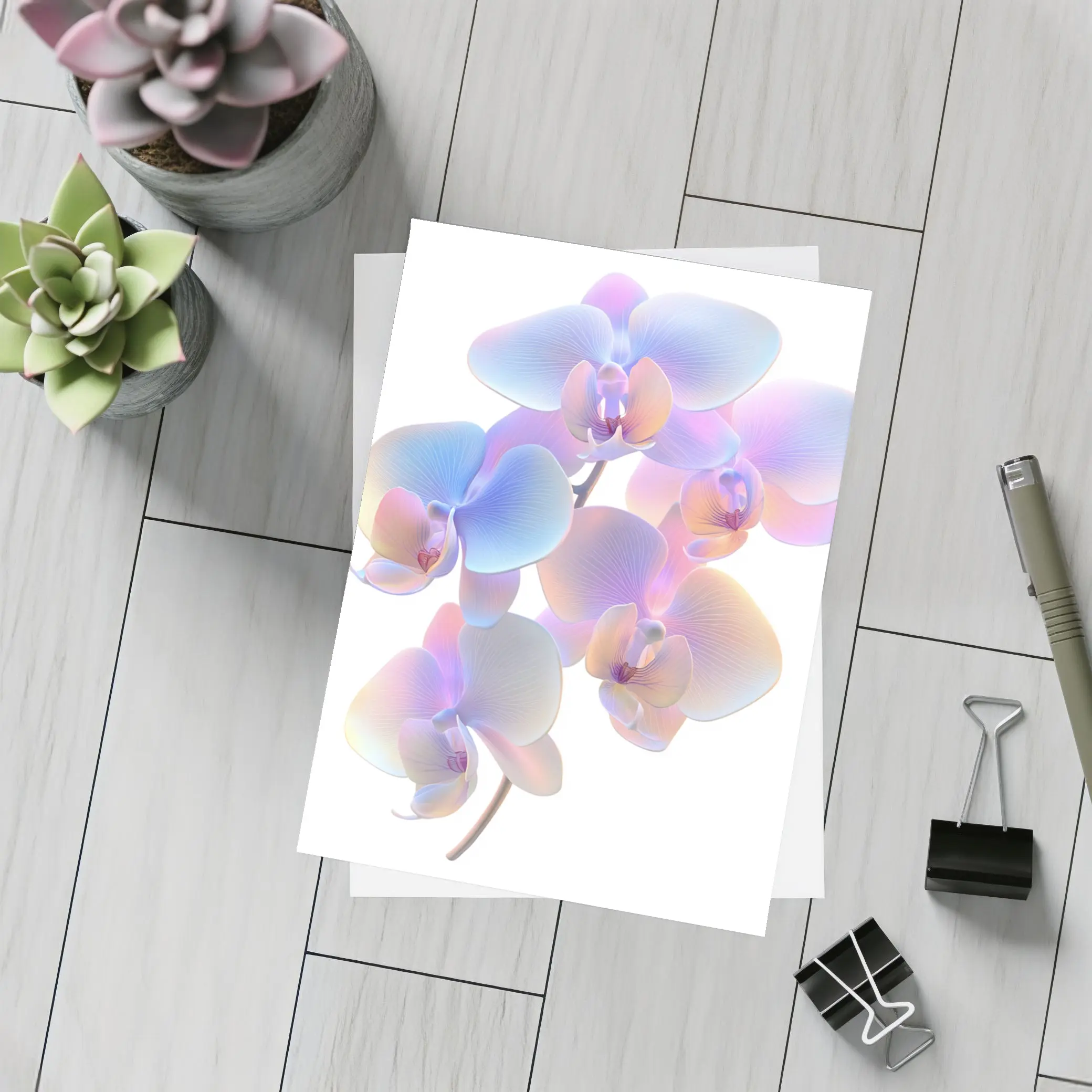 Iridescent Orchid Branch On White Background – Postcards