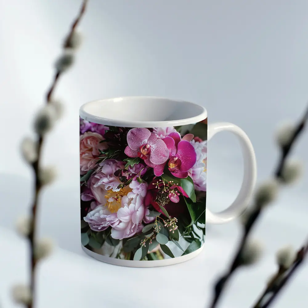 Pink Peonies Orchids Lush Floral Bouquet – Mugs