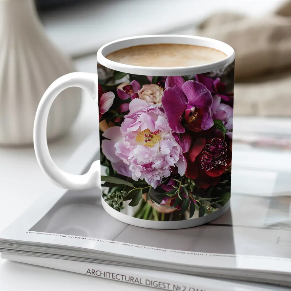 Pink Peony Purple Orchid Wedding Bouquet – Mugs