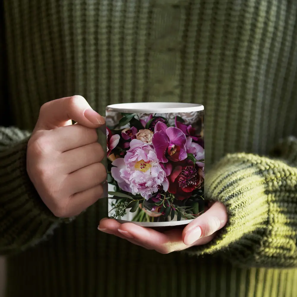 Pink Peony Purple Orchid Wedding Bouquet – Mugs