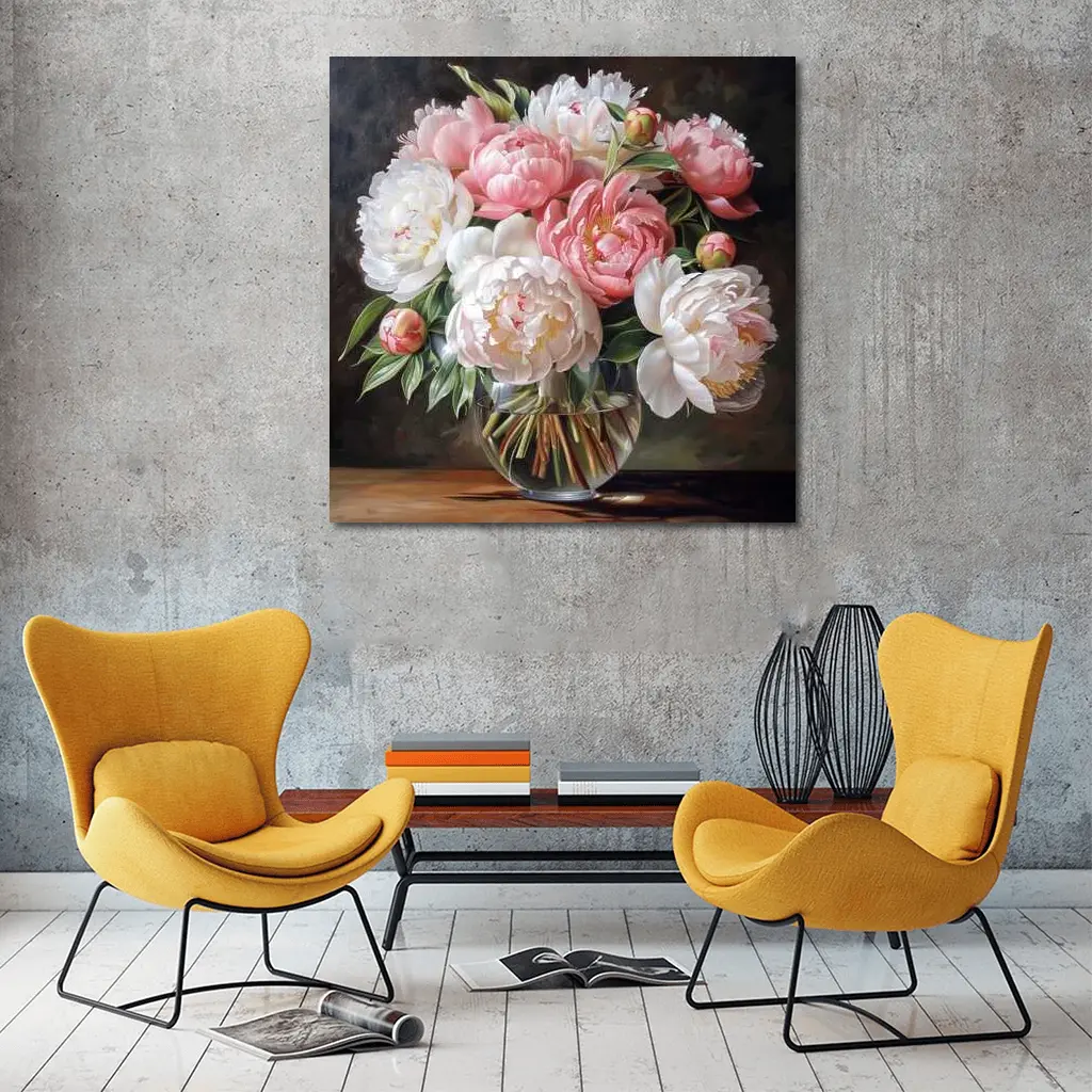 Pink White Peonies Bouquet Glass Vase – Wall Art