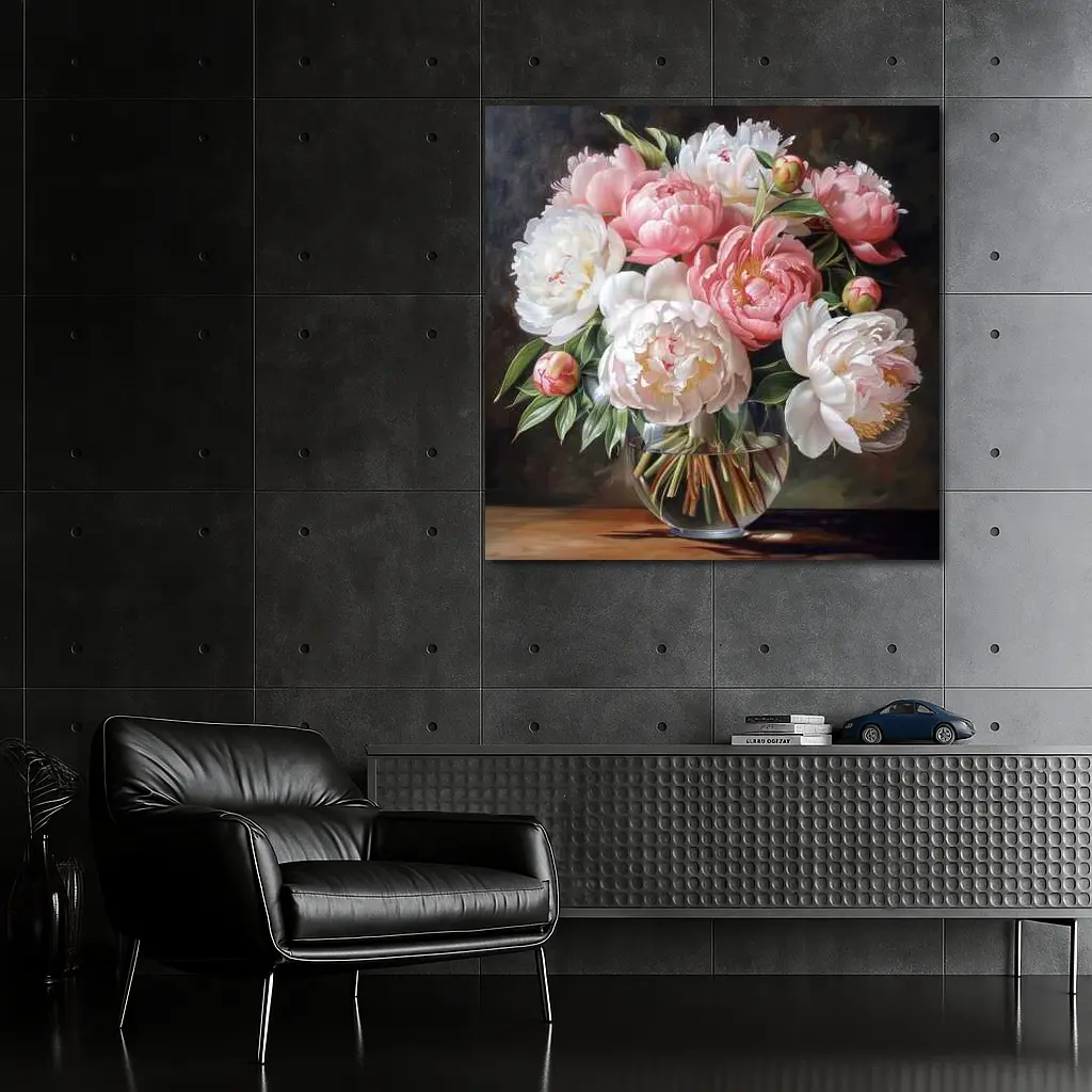 Pink White Peonies Bouquet Glass Vase – Wall Art