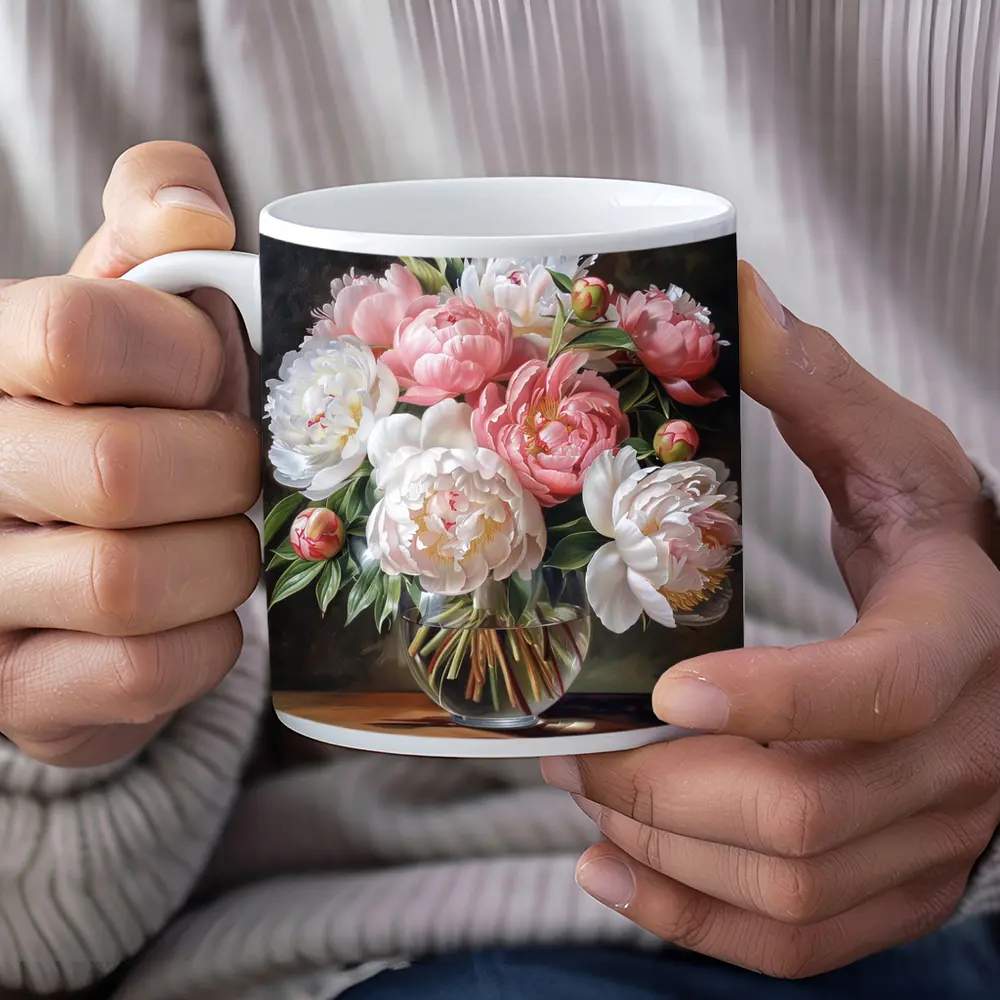 Pink White Peonies Bouquet Glass Vase – Mugs