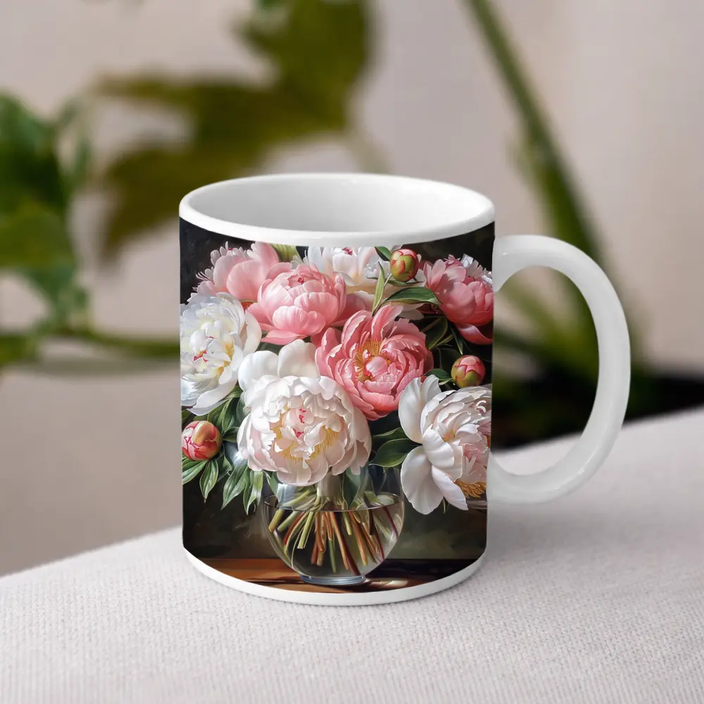 Pink White Peonies Bouquet Glass Vase – Mugs
