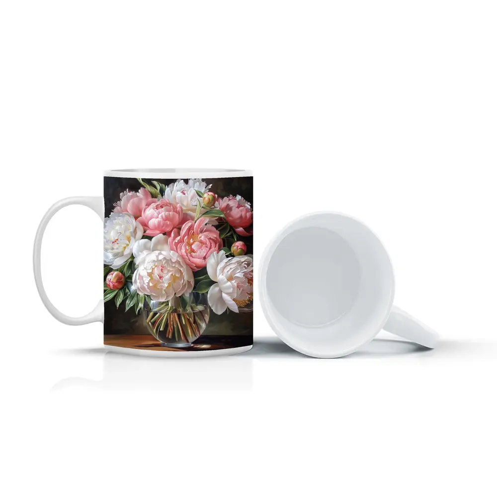 Pink White Peonies Bouquet Glass Vase – Mugs