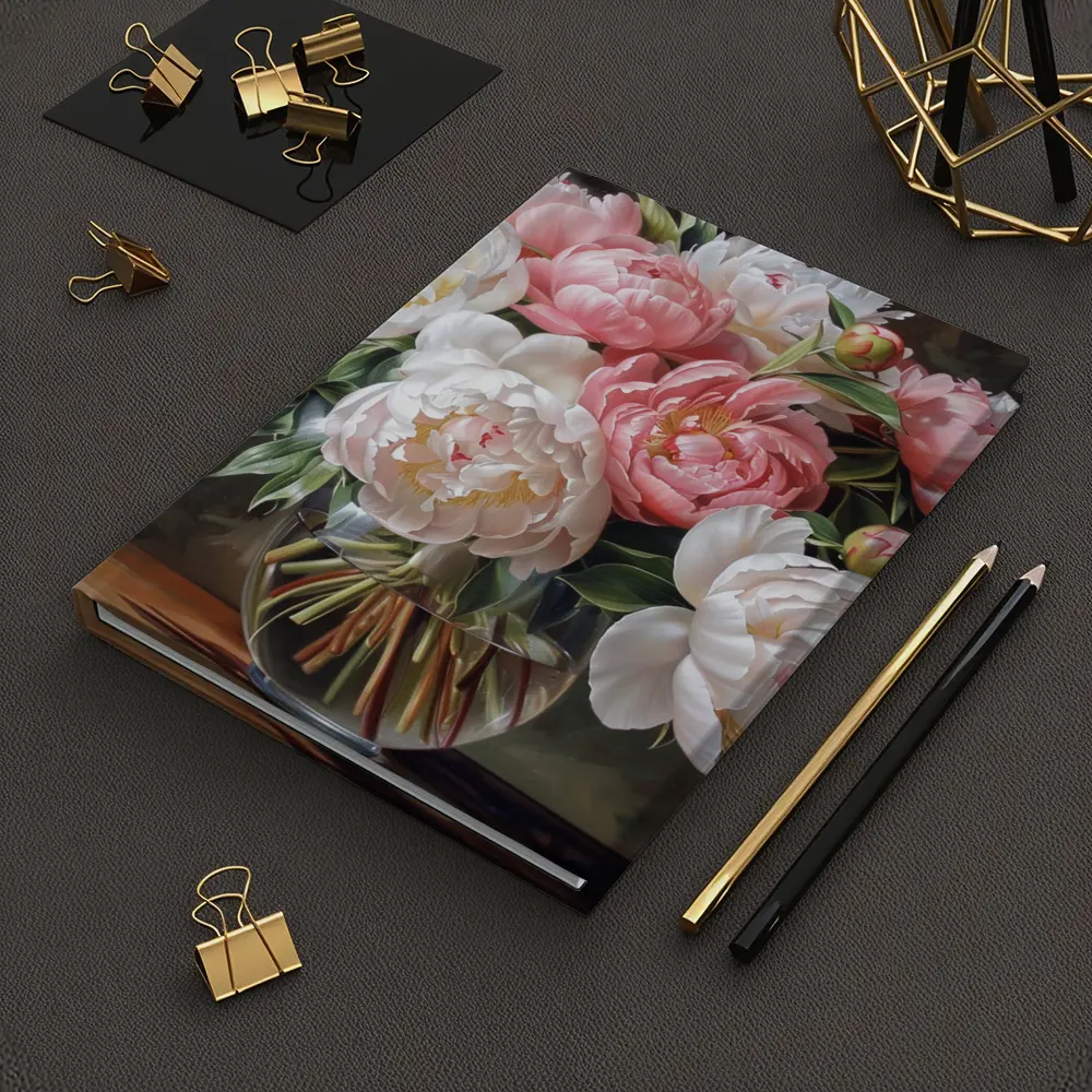 Pink White Peonies Bouquet Glass Vase – Notebooks
