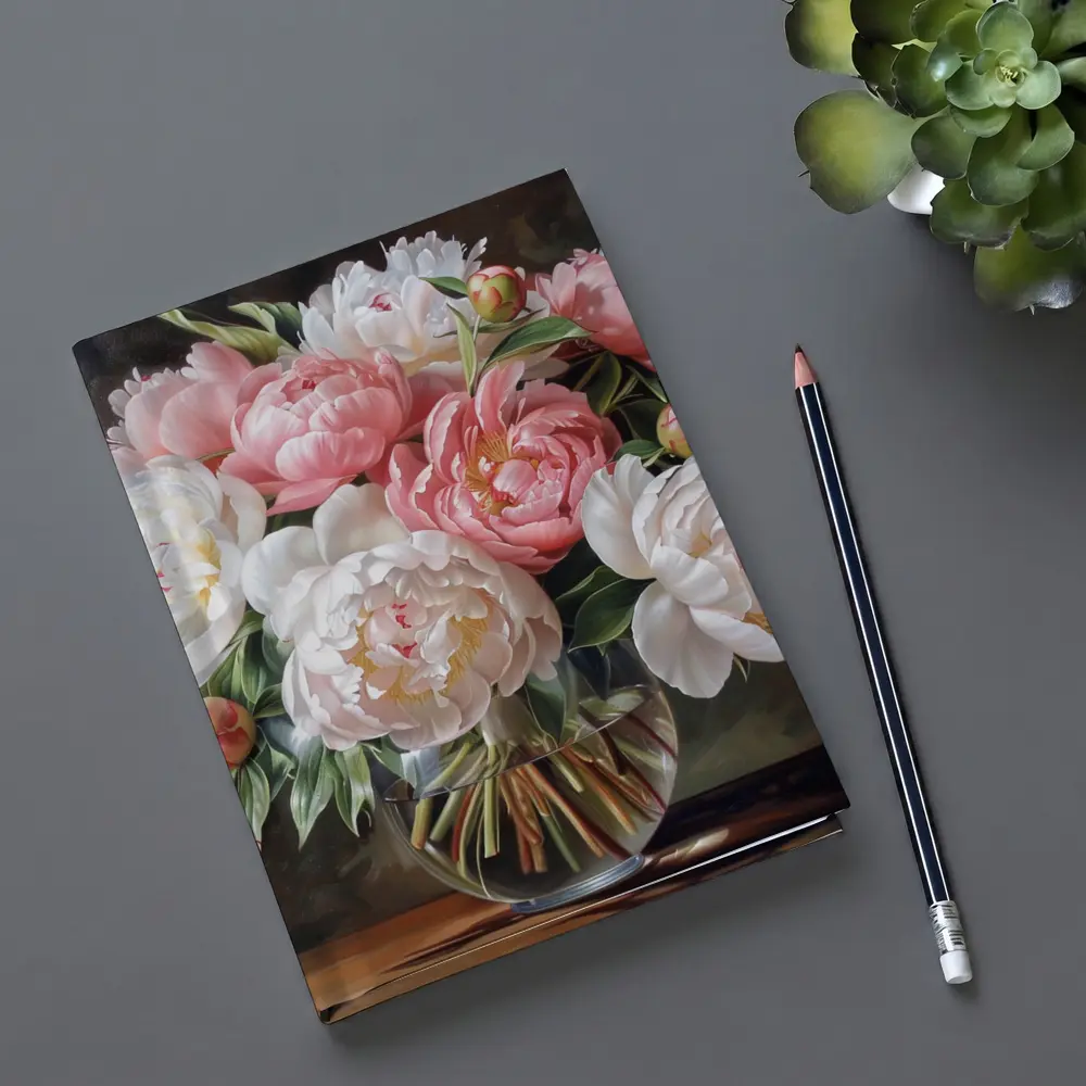 Pink White Peonies Bouquet Glass Vase – Notebooks