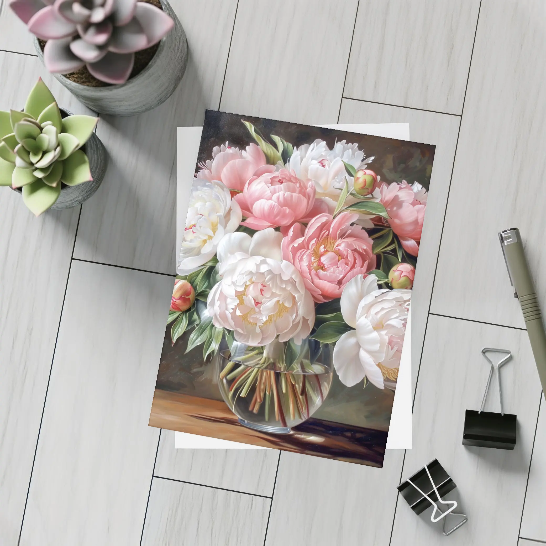Pink White Peonies Bouquet Glass Vase – Postcards
