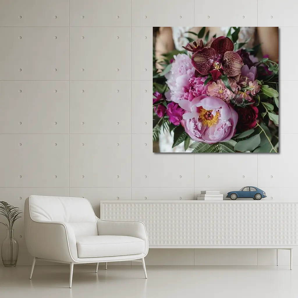Pink Peonies Burgundy Orchids Wedding Bouquet – Wall Art