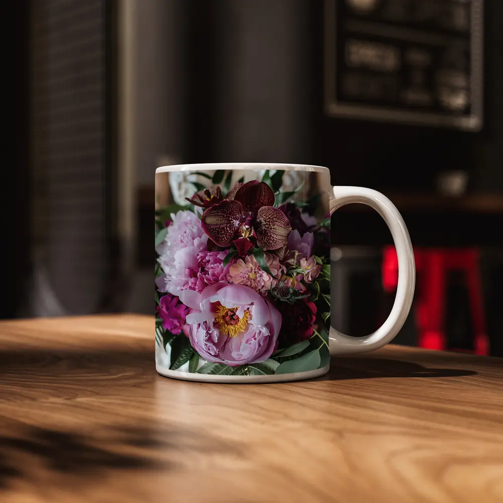 Pink Peonies Burgundy Orchids Wedding Bouquet – Mugs