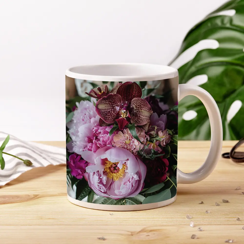 Pink Peonies Burgundy Orchids Wedding Bouquet – Mugs