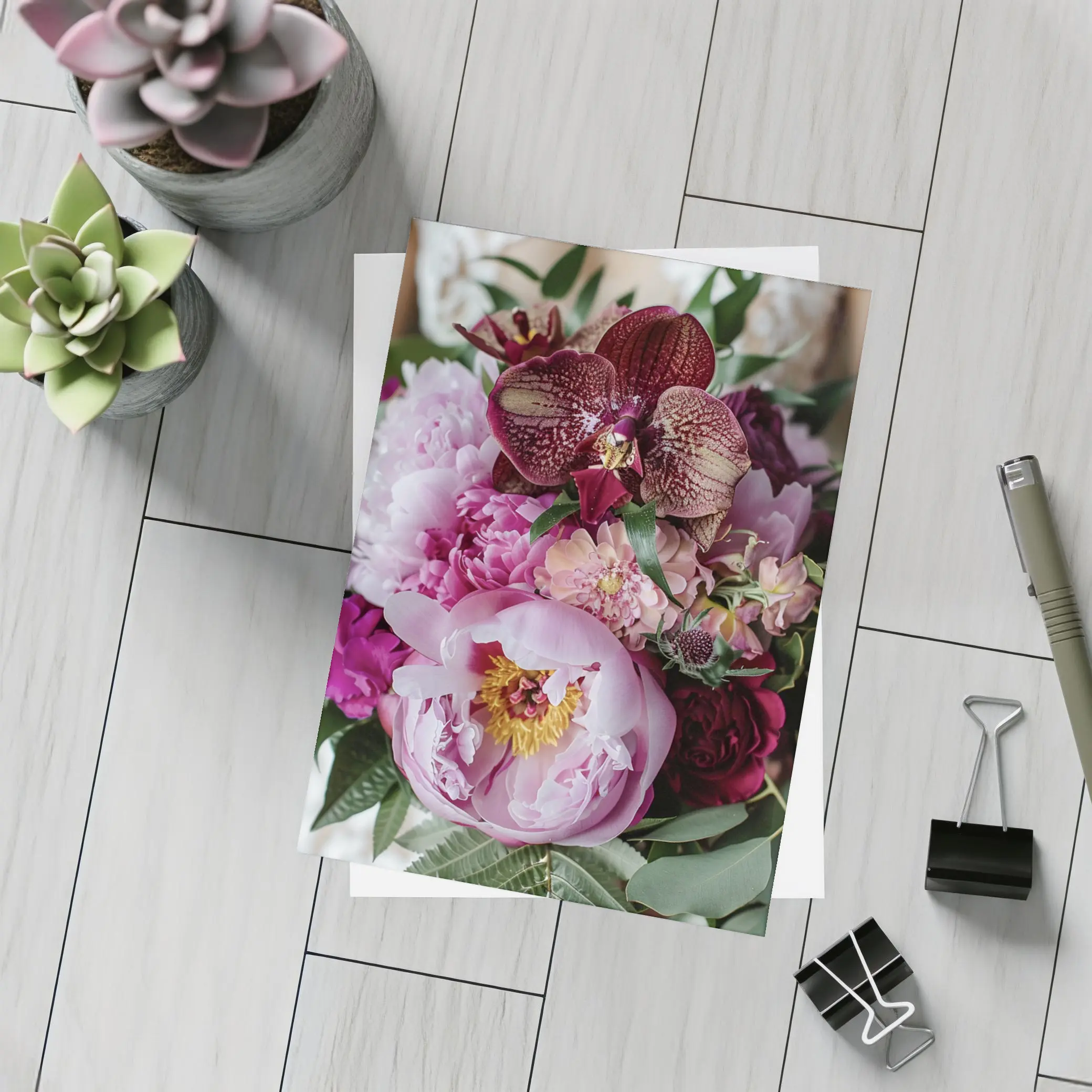 Pink Peonies Burgundy Orchids Wedding Bouquet – Postcards