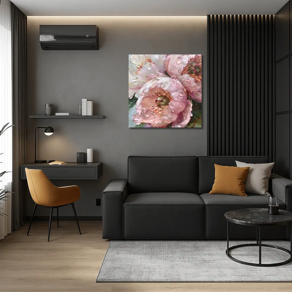 Pink Peonies Oil Painting With Water Drops – Wall Art