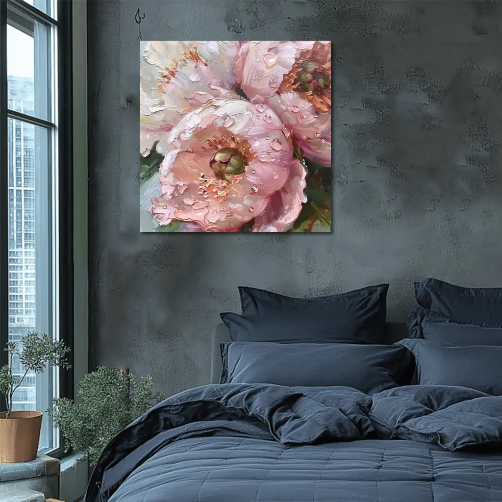 Pink Peonies Oil Painting With Water Drops – Wall Art