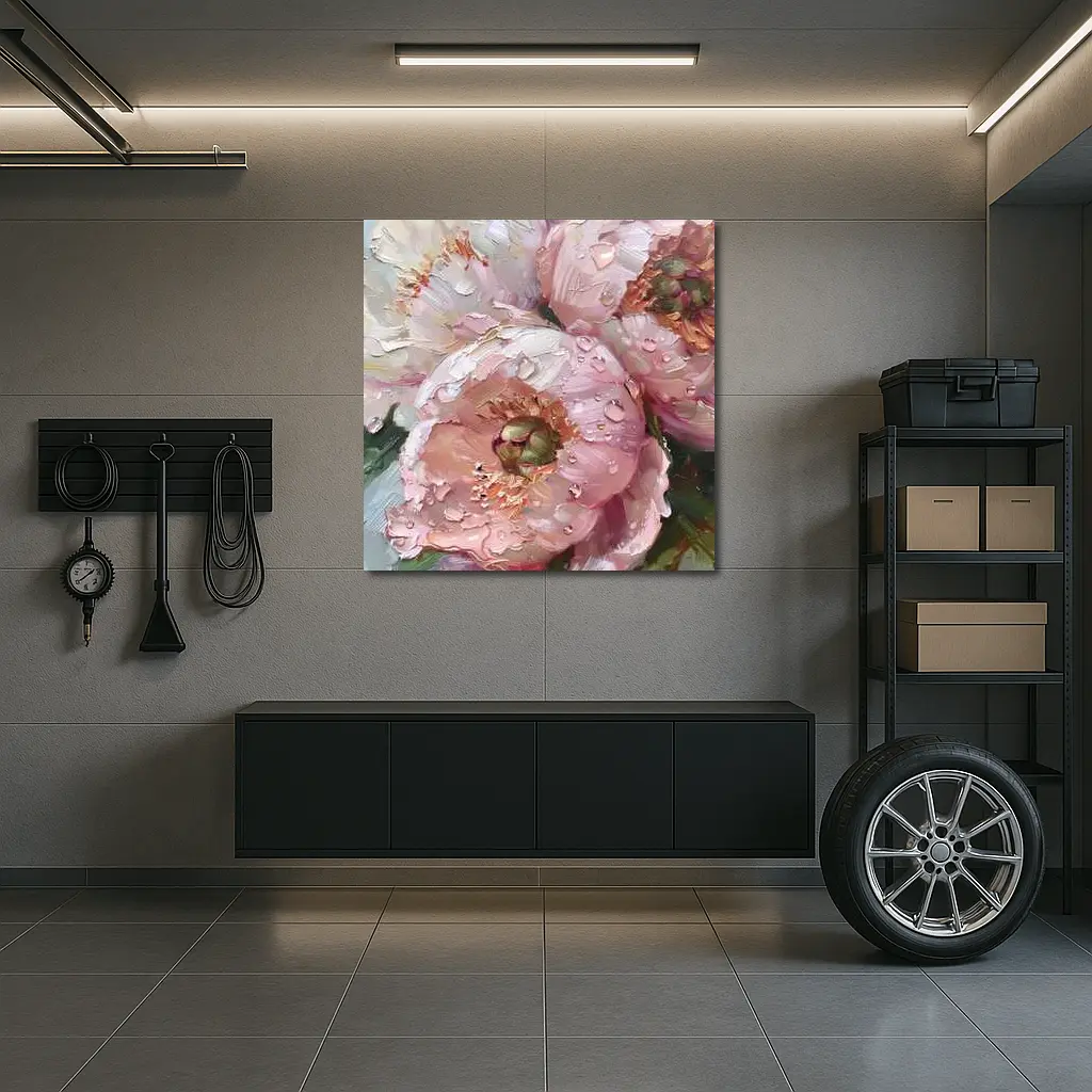 Pink Peonies Oil Painting With Water Drops – Wall Art